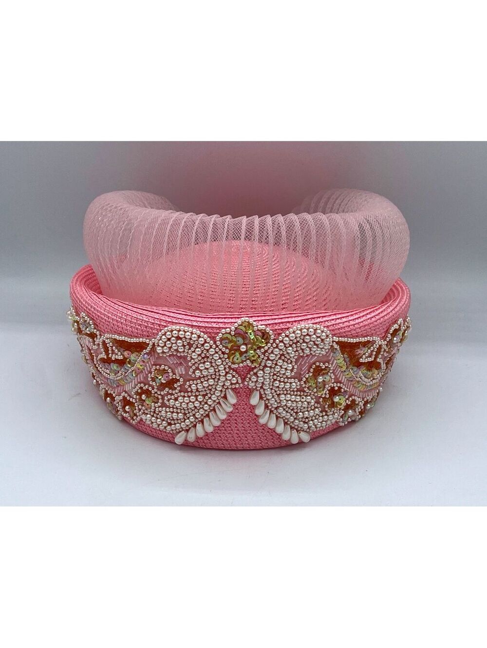 Stunning Vintage Pink Beaded Pillbox Hat with Tulle